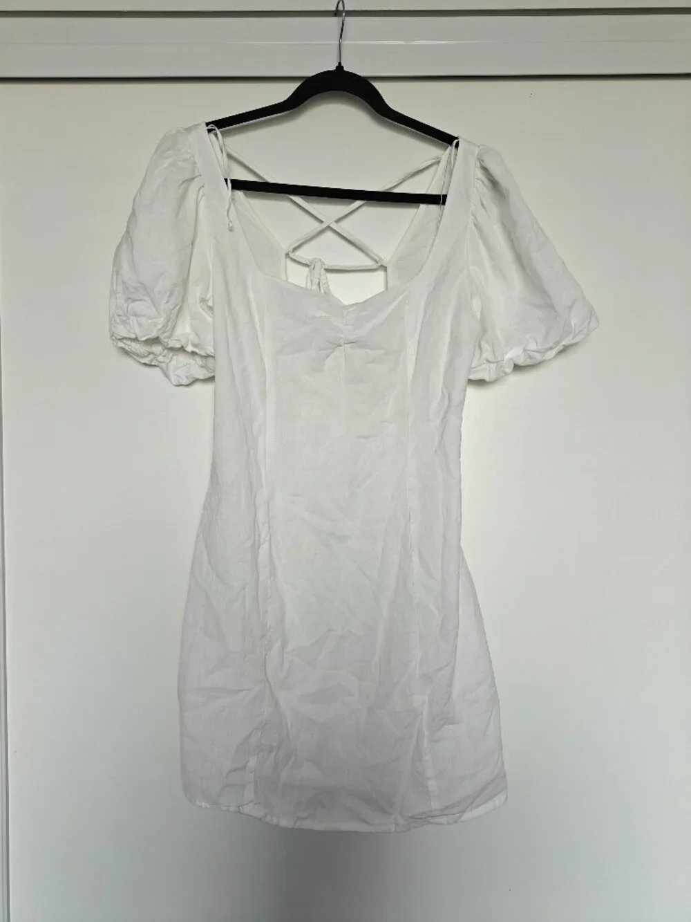 H&M White Cotton Linen Puff Sleeve Mini Dress Medium Open Back Cottagecore 0721 - Picture 3 of 8
